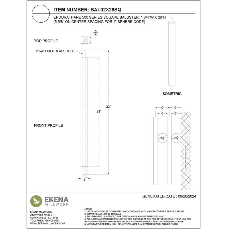Endurathane 500 Series Square Baluster, Factory Primed Polyurethane