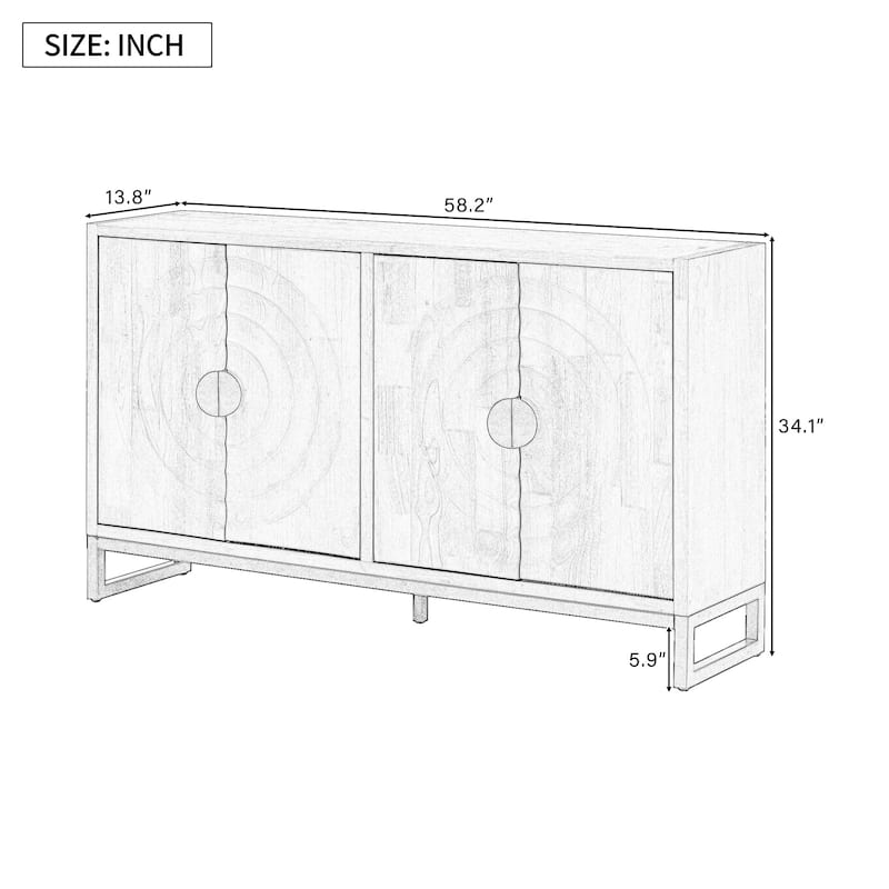 58" Storage Sideboard Cabinet with Water Wave Doors, Adjustable Shelves, Iron Legs and Handles for Entry or Study