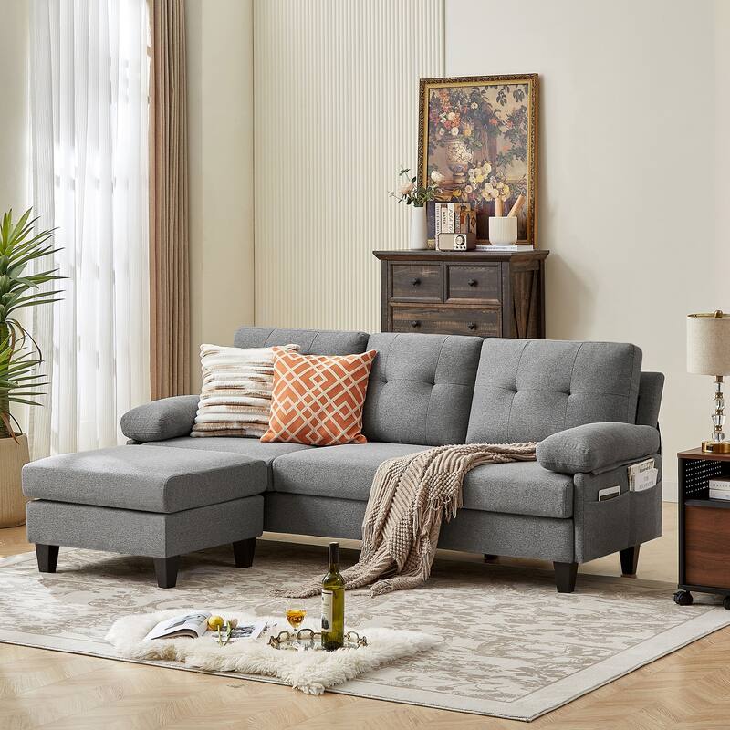 86.22" Wide Sectional Sofa with Ottoman & Side Storage Bags - Lightgrey