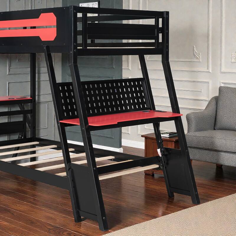 Twin/Full Gaming Bunk Bed with Dual Desks, USB Charging Ports and Pegboard Organizer, Gamer Bunk Frame