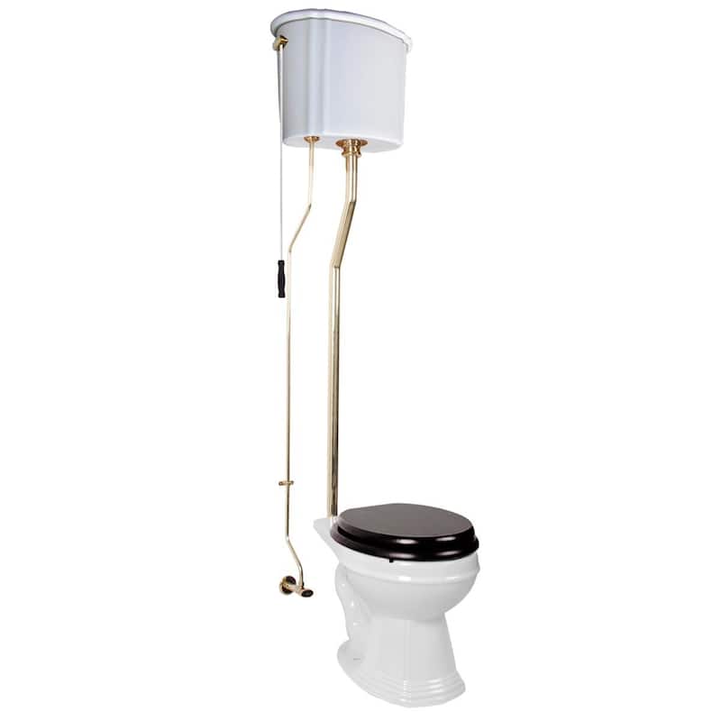White Ceramic High Tank Pull Chain Toilet Round Bowl and Brass PVD L Pipes