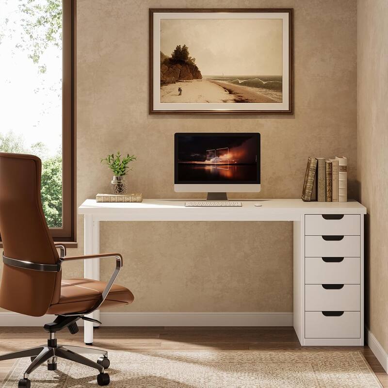 PC/Computer Desk with 5 Reversible Drawers, Home Office Desk with Storage, Laptop Desk Study Writing Table Workstation