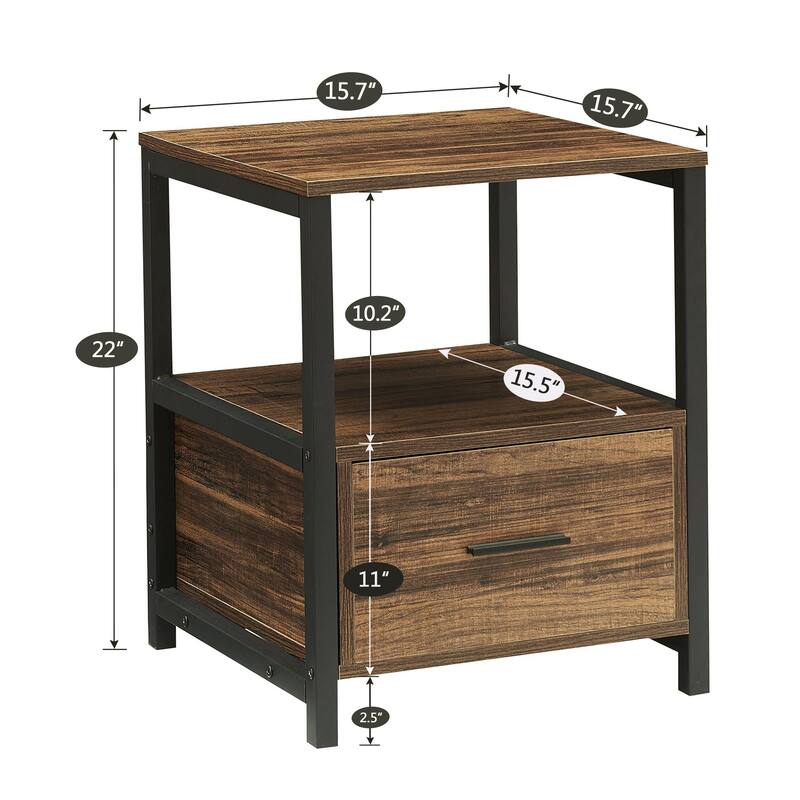 VECELO Square Brown Nightstand, Dresser for Bedroom with Drawer, Bedside Table Night Stand End Table for Bedroom