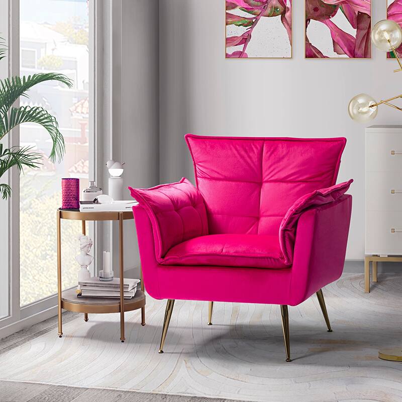 1ida Modern Velvet Tufted Padded Cushion Armchair with Golden Metal Legs by HULALA HOME - FUCHSIA
