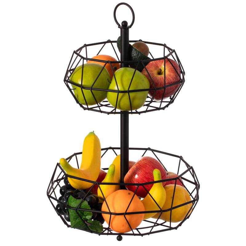 2 Tier Free Standing Countertop Fruit Basket for Kitchen, Detachable Carbon Steel Stable Fruit Storage Organizer - Black