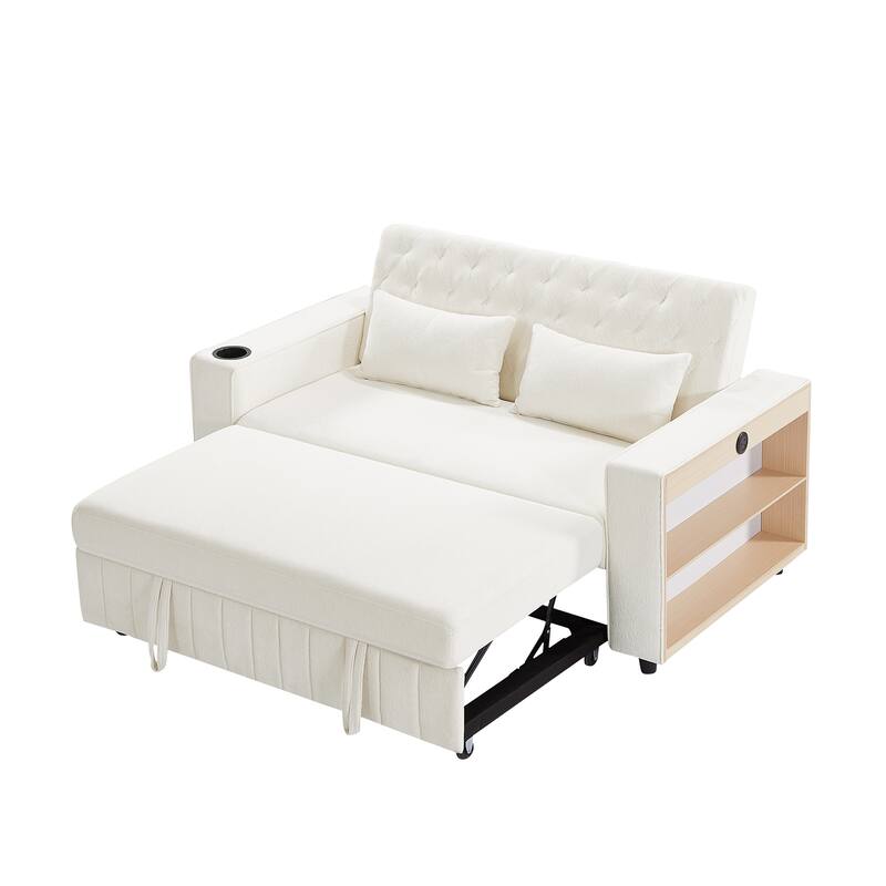 61.41" Chenille Convertible Sofa Bed with Adjustable Backrest, USB & Cup Holders
