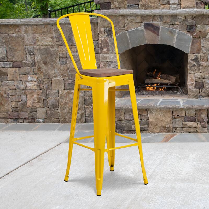 30" High Metal Barstool with Back and Wood Seat - 17.75"W x 20"D x 45.25"H - Yellow