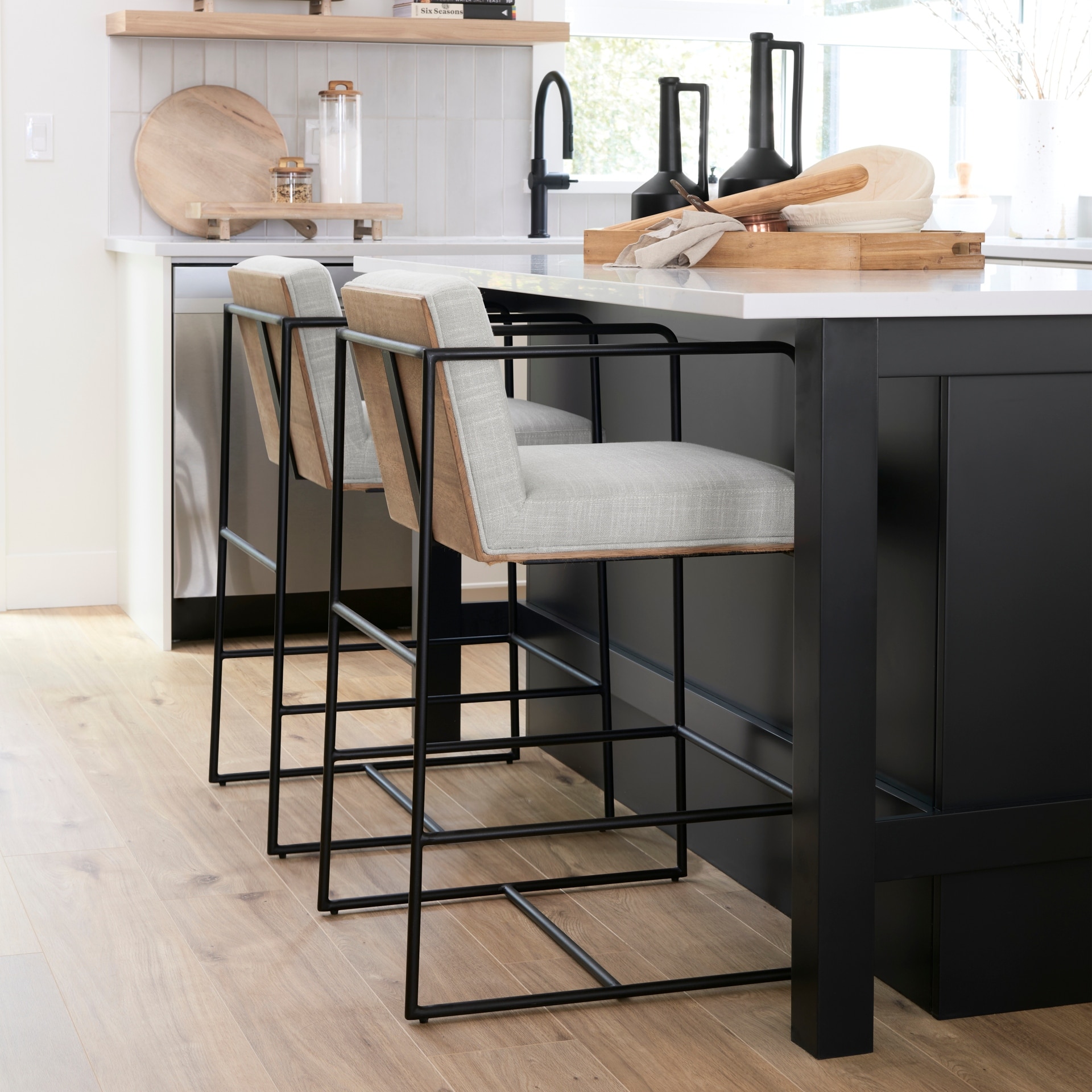Mercana Stamford Beige Fabric Seat with Solid Wood Back and Black Metal Frame Counter Stool