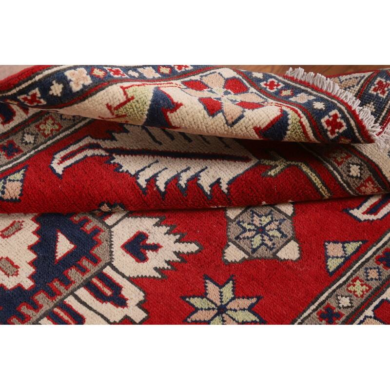 Red Traditional / Geometric Kazak Accent Rug Hand-Knotted Wool Carpet - 3'4" x 5'0"
