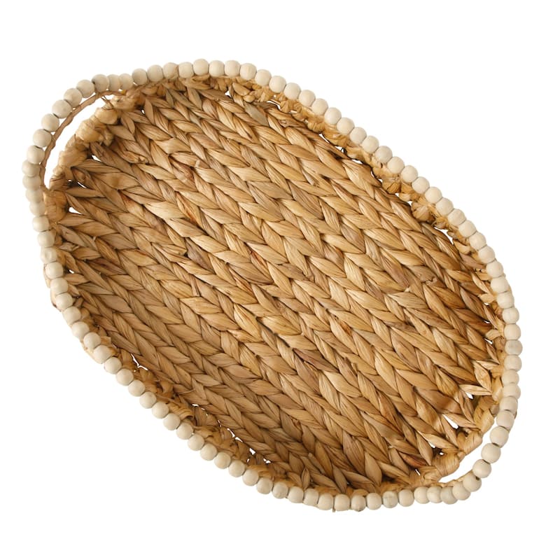 Gibson Home 17-Inch Woven Decorative Serving Tray - Large Natural Water Hyacinth Basket with Wood-Bead Trim and Handles