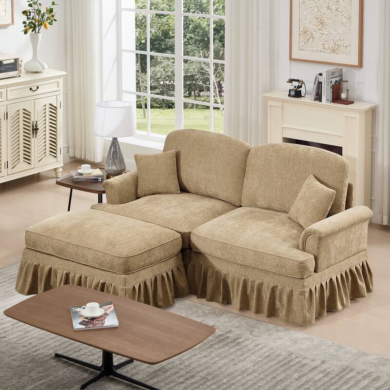 2-Seater L Shaped Sofa Couch, Lounge Sofa with Removable Ruffles Pleats Skirts, Loveseat Sofa with Movable Ottoman