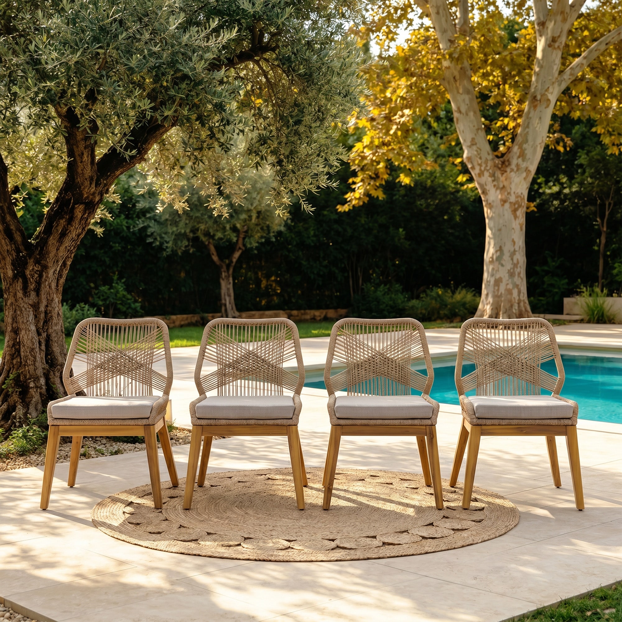 Outdoor Dining Chair Set Patio Armless Chair with Rope-woven Backrest and Acacia Wood Legs