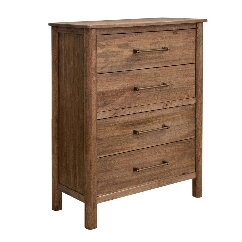 Olum 47 Inch Tall Dresser Chest, 4 Drawers, Gold, Natural Brown Wood Frame