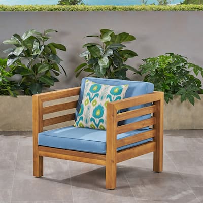 Oana Club Chair Pecan Blue Acacia Wood Mid Century Modern Outdoor Patio Furniture Set of 2