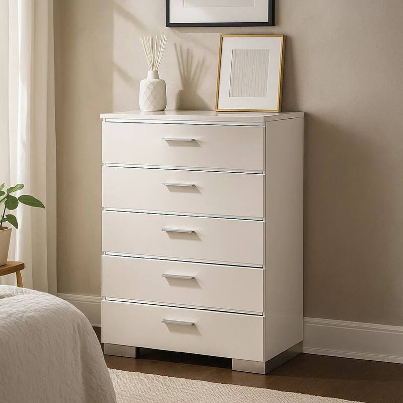 Wood and Metal Chest with 5 Drawers and Block Legs, White and Silver