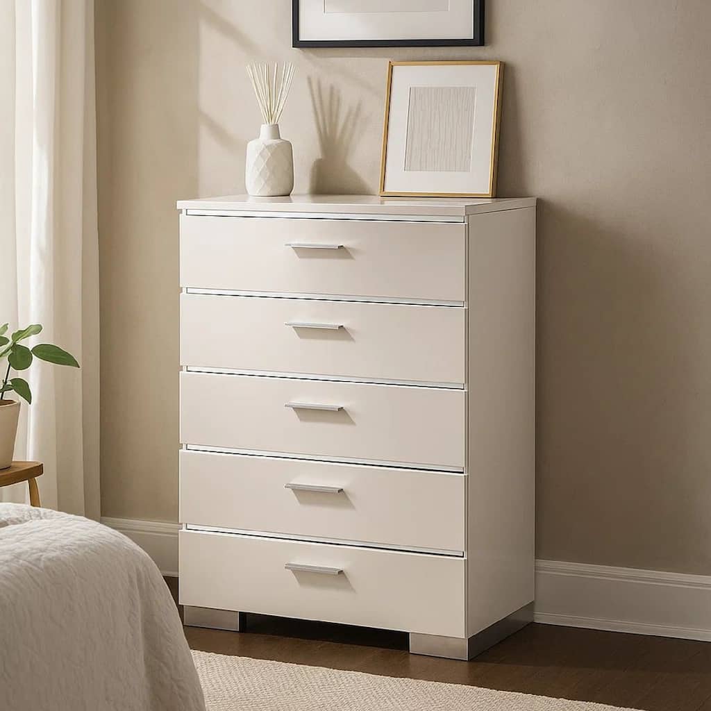Wood and Metal Chest with 5 Drawers and Block Legs, White and Silver