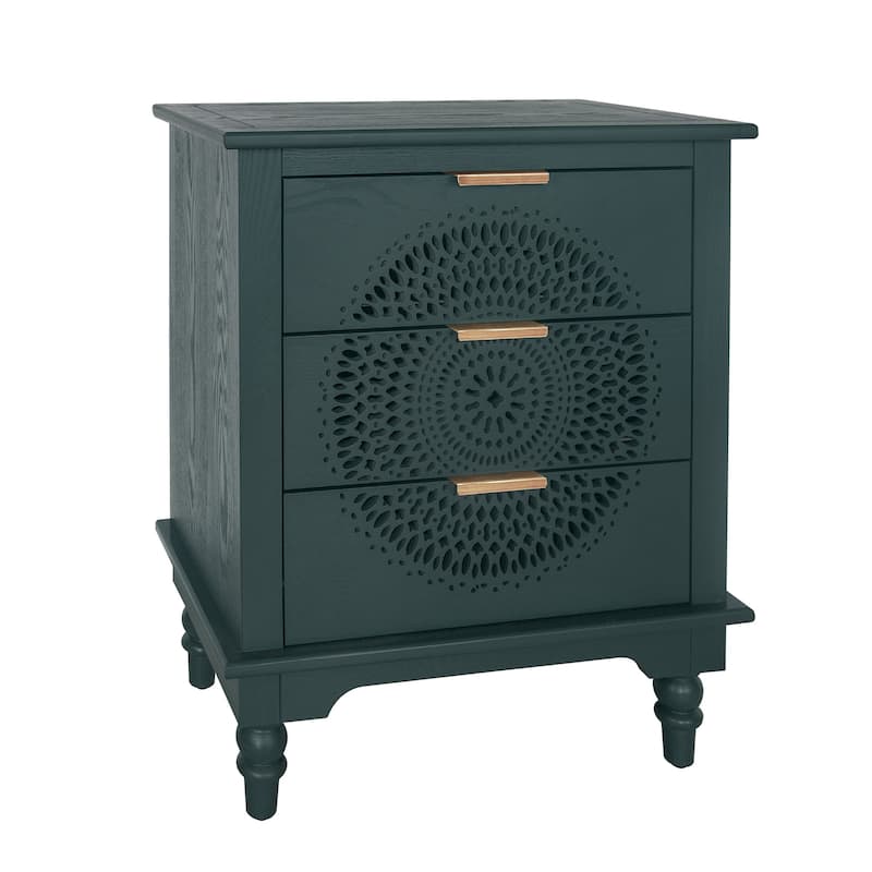 Roomfitters Hollow Carved 3 Drawer Dresser, Accent Storage Cabinet with Metal Handles, Green
