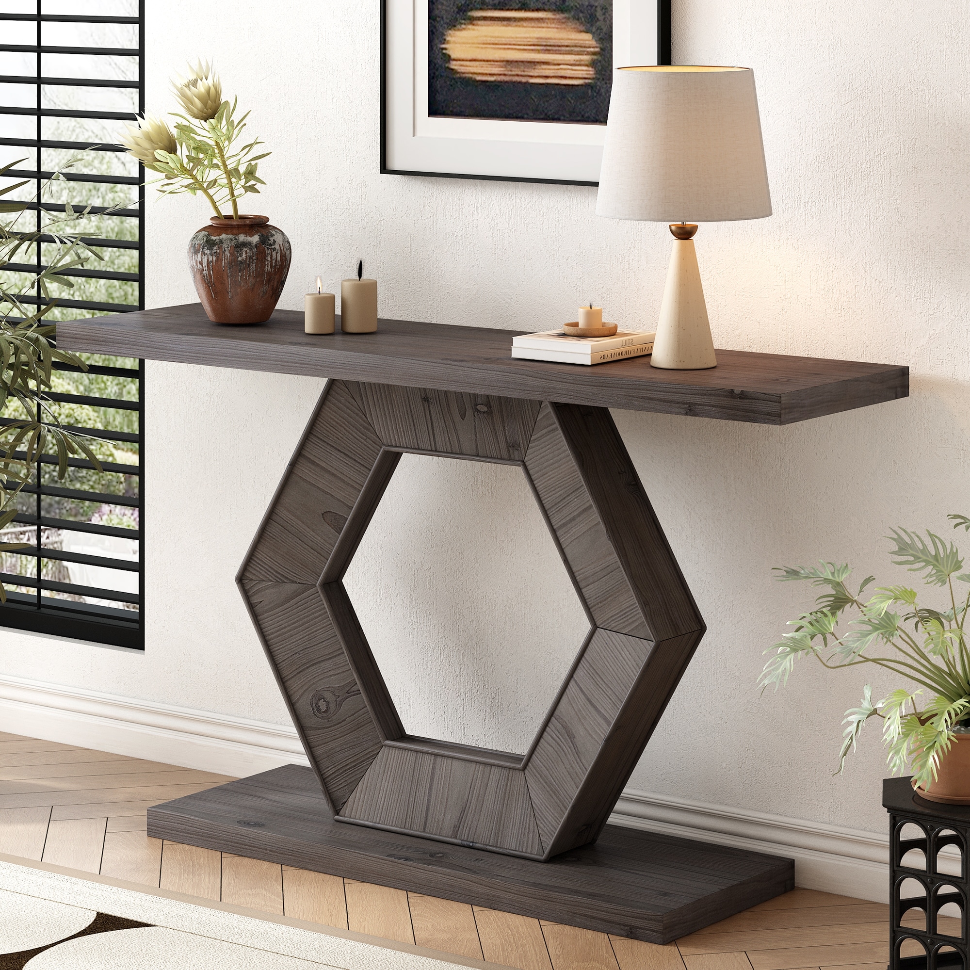 Modern Console Table Entryway Table with Hollow Hexagon Legs and Fir Veneer Finish, for Hallway Living Room