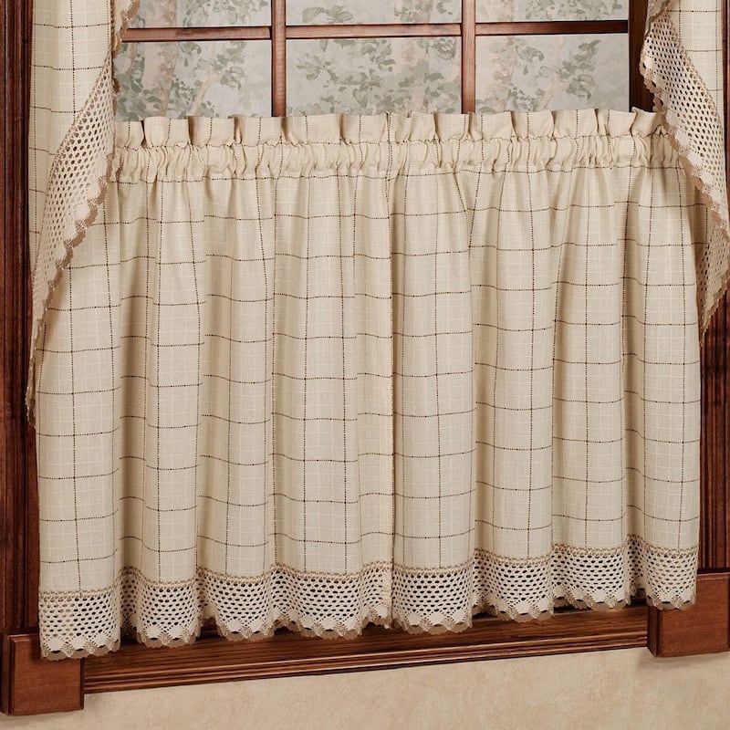 Cotton Classic Toast Window Pane Pattern and Crotchet Trim Tiers, Swags and Valance Options - tier pair 24 x 60