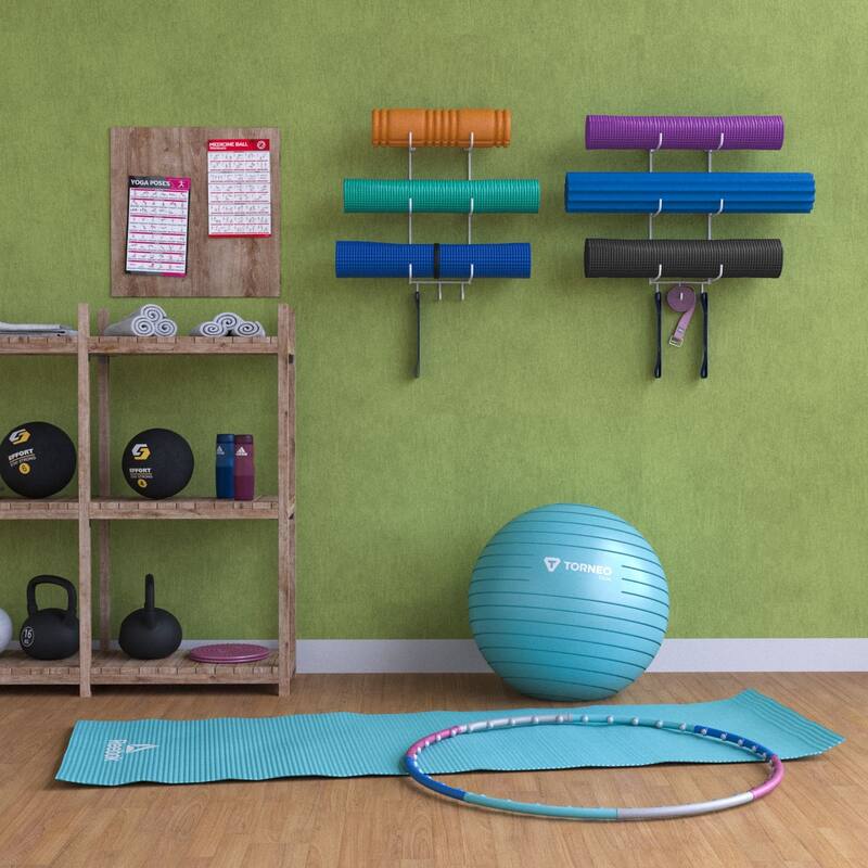 Wall Mount Yoga Mat Holder and Foam Roller Rack with 3 Hanging Hooks for Yoga Straps, Set of 2