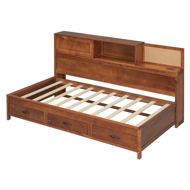 Twin Size Wooden Daybed with Storage Drawers, USB Ports, and Shelf, Walnut Finish