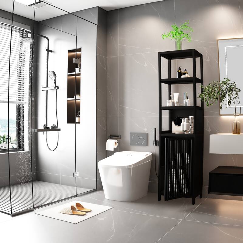 Storage Tall Slim Cabinet with Shutter Door and 3 Tier Shelves - Black