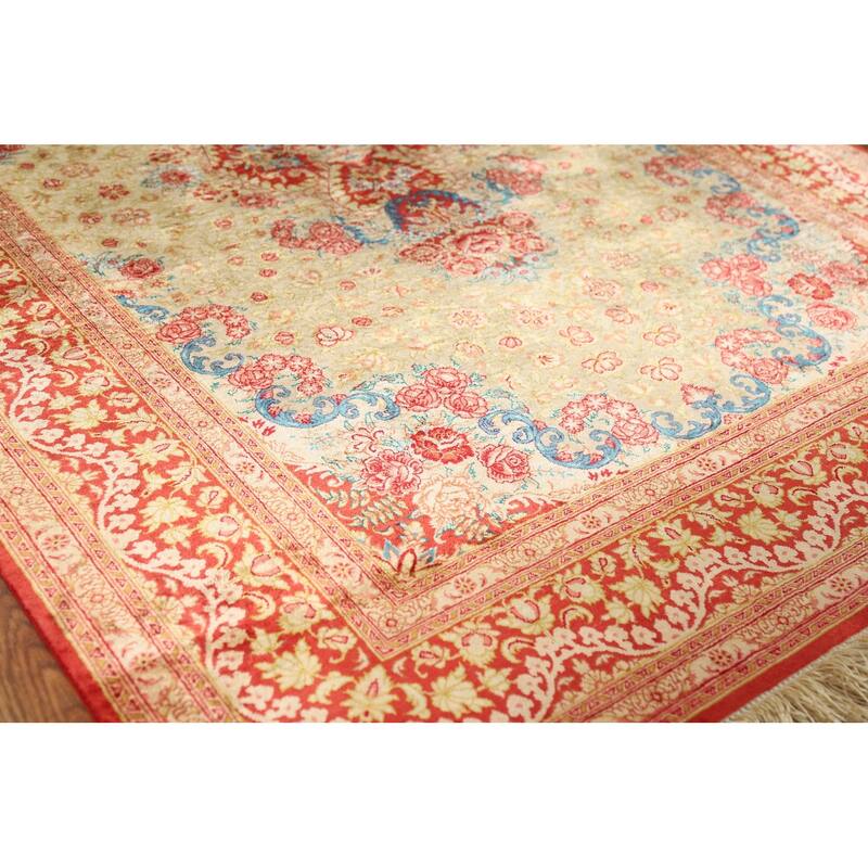 Gold Qum Persian Accent Rug Traditional Handmade Floral Silk Carpet - 3'3"x 5'0"
