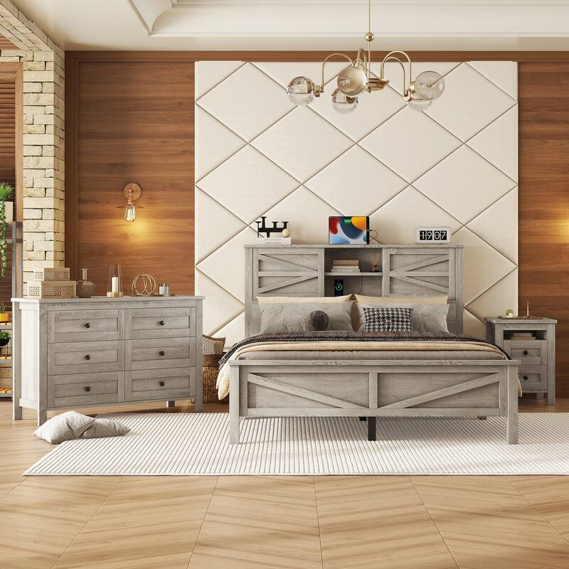 3-Pieces Bedroom Set Queen Size Platform Bed with Charging Station