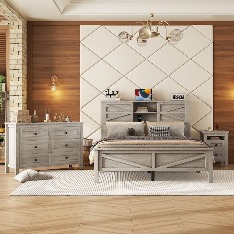 3-Pieces Bedroom Sets Queen Size Platform Bed,Double Sliding Door Storage Headboard,Charging Station,Storage Nightstand,Dresser