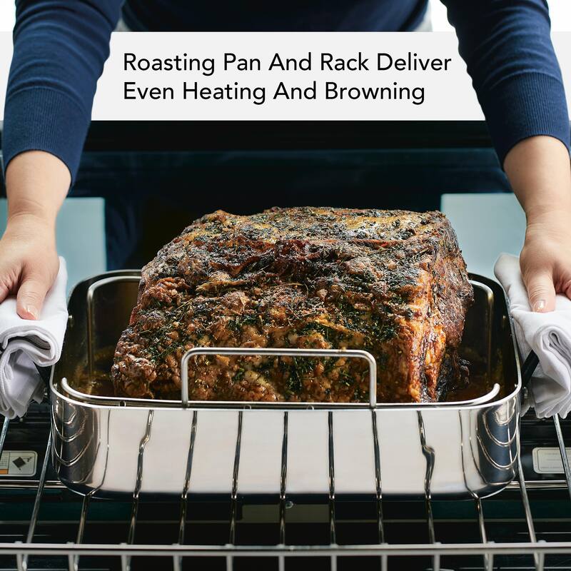 KitchenAid 5-Ply Clad Stainless Steel Roaster with Removable Rack, 15-Inch x 11.5-Inch, Polished Stainless Steel - Silver - 2 Piece