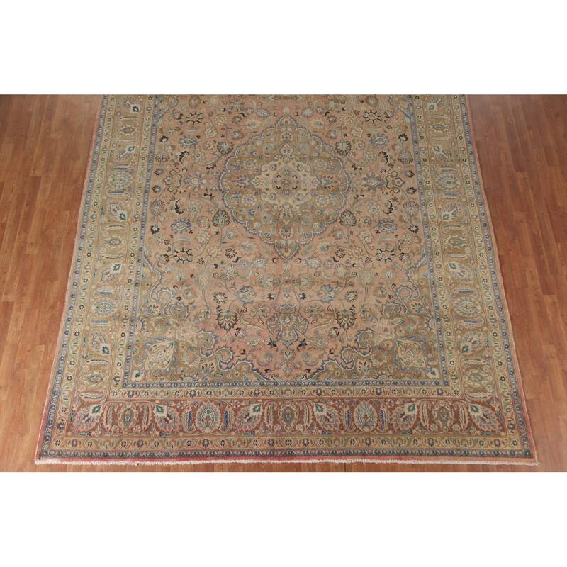 Hand Knotted Oriental 100% Wool Carpet Traditional Floral Coral Mashad Area Rug - 12' 11'' X 9' 6''