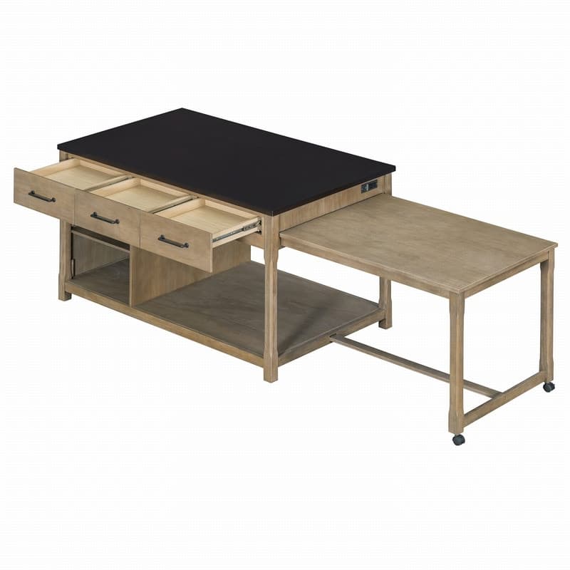 60"-98.7" Extendable Kitchen Island on Wheels with Drawers and Open Shelves and Built-In Power Outlets