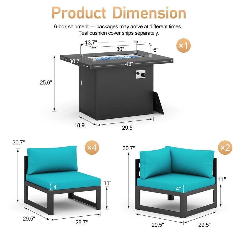 7 Piece Aluminum Patio Furniture Set with Fire Pit Propane/Gas, 29 inch Deep Wide Seat Aluminum Outdoor Sectional