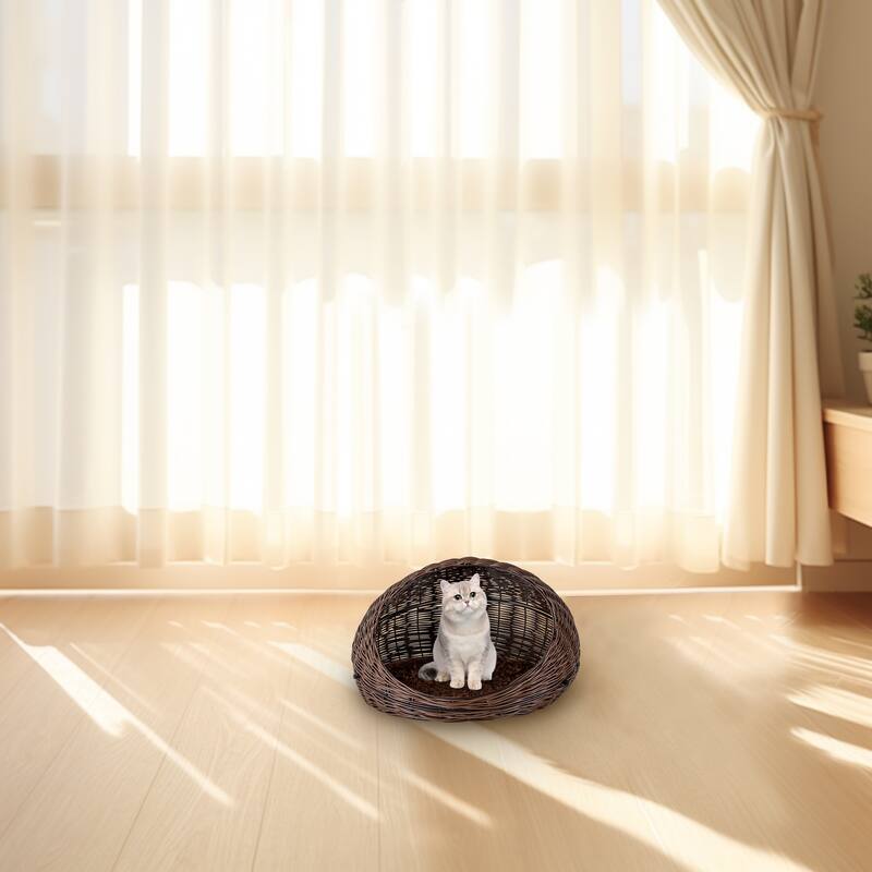 C Cattleya 17.75" Hand-Woven Natural Rattan Cat House Cat Bed with Soft Blanket