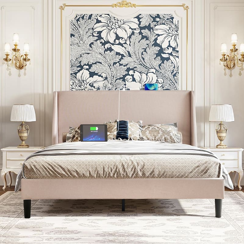 VECELO Bed Frame with Upholstered Wingback Headboard,Platform Bedframe with Charging Station & Side Pockets
