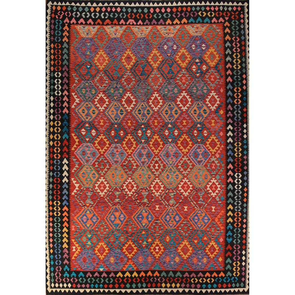 Reversible Kilim Oriental Area Rug Hand-Woven Orange Wool Carpet - 9'8"x 13'0"