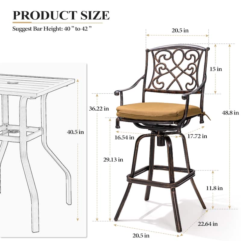 Crestlive Products Outdoor Cast Aluminum Swivel Bar Stool (Set of 2) with Sunbrella Fabric Cushion