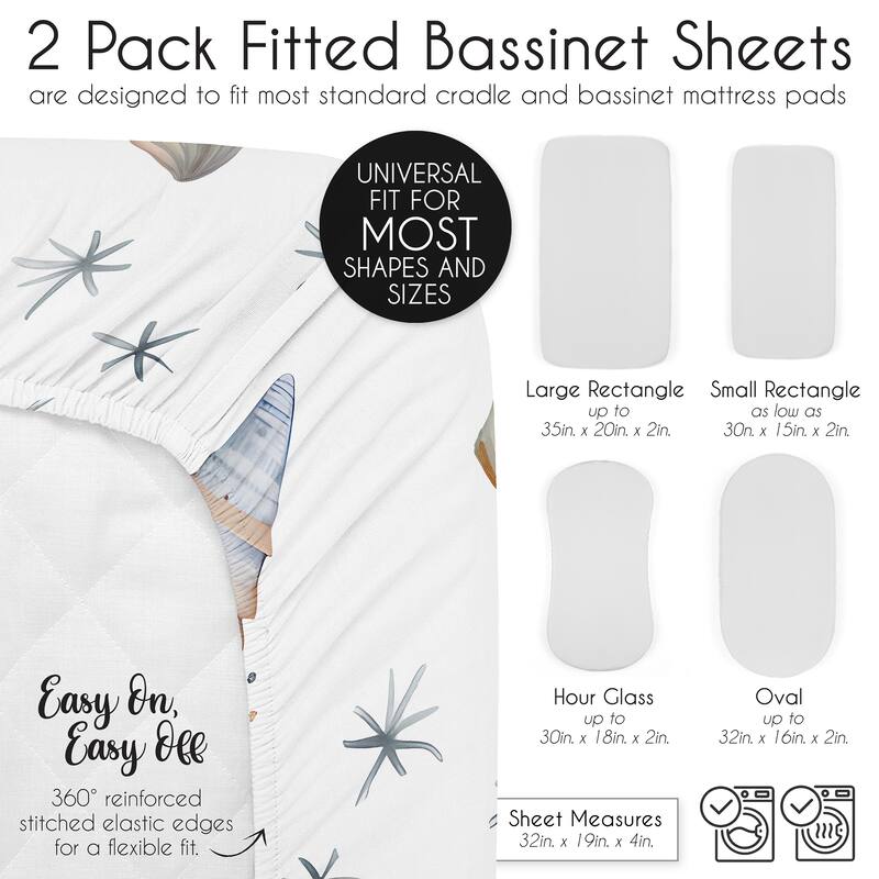 Sweet Jojo Designs Ocean Seashells Boy, Girl, Unisex/Gender Neutral 2 Pack Baby Bassinet Fitted Sheets Blue Nautical Beach Theme