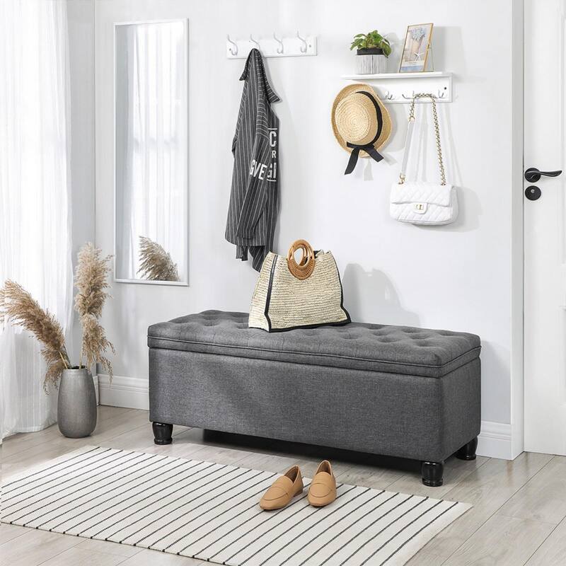Dark Grey Storage Ottoman with Tufted Design and Solid Wood Legs Perfect for Any Room