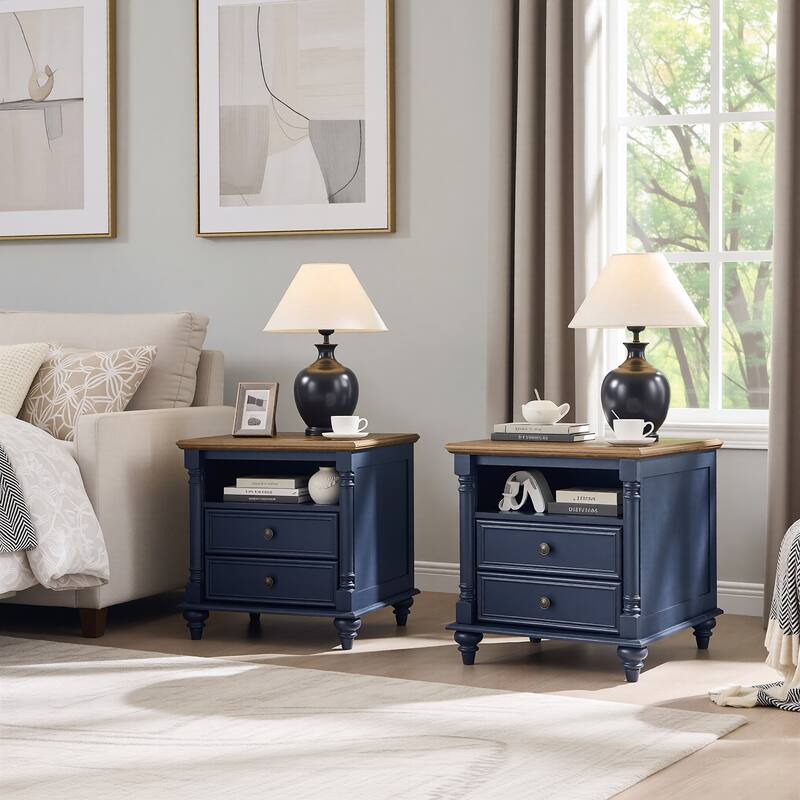 Farmhouse Nightstand Set of 2 with Solid Wood Feet, Charging Station