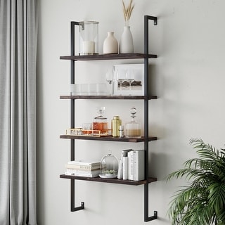 Nathan James Theo 4-Shelf Bookcase Floating Wall Mount Natural Wood Industrial Pipe Metal Frame