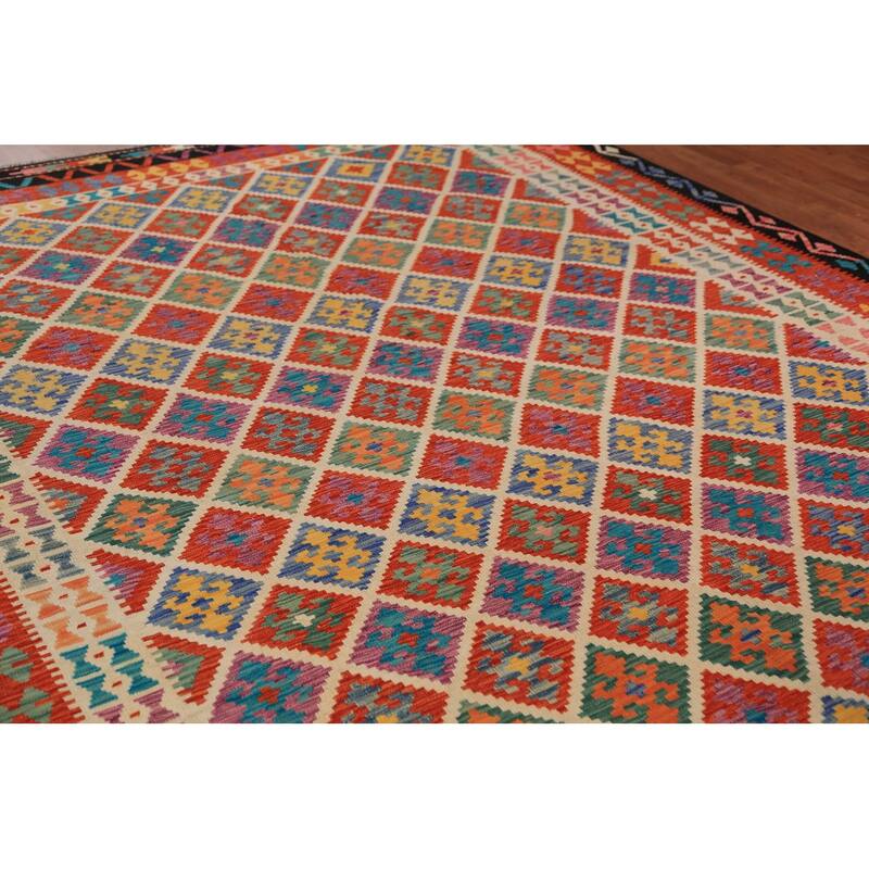 Geometric Trellis Kilim Area Rug Handmade Wool Carpet - 8'8"x 11'4"