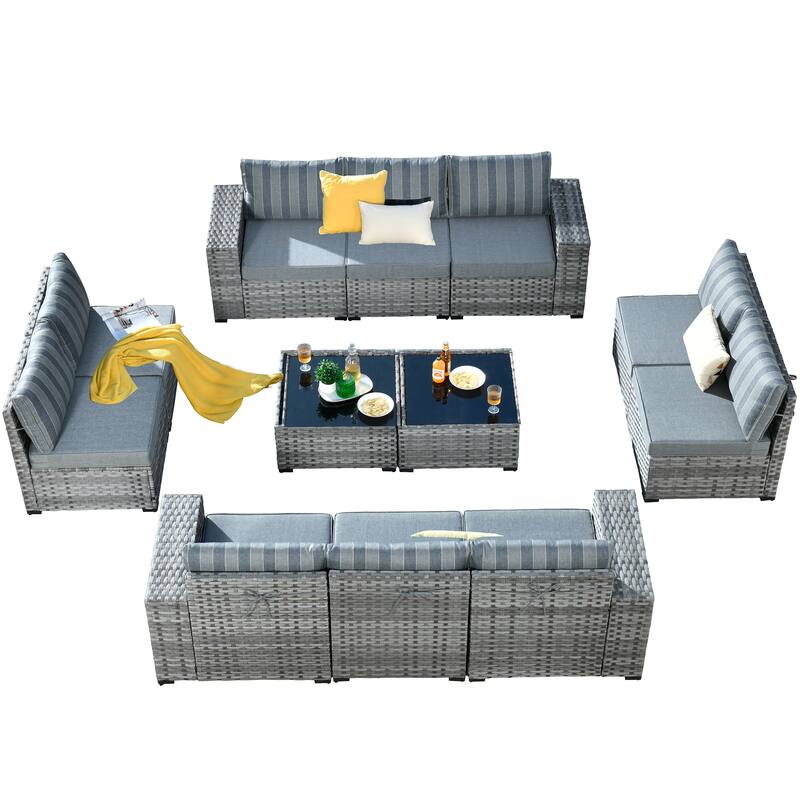 HOOOWOOO 12-Piece Rattan Outdoor Patio Furniture Modular Wide Armrest Sectional Set