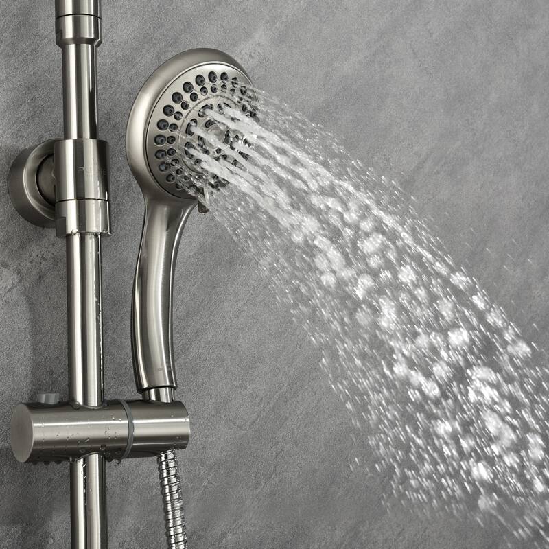 Riviera 8-in Rain Showerhead Shower System with 3-Body Jets Pivoting Shower Arm and Multi-function Handshower Brushed Nickel