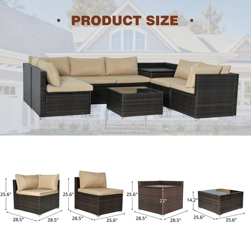 7-PC Wicker Patio Conversation Set with Brown Cushions, 6 sofas, 1 table