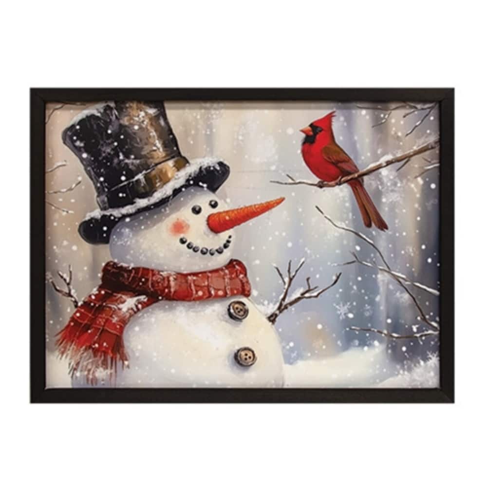 Snowman and Cardinal Box Frame Winter Wall Art Black Wooden Frame Holiday Snow Scene 18x24 - 18” high by 24” wide