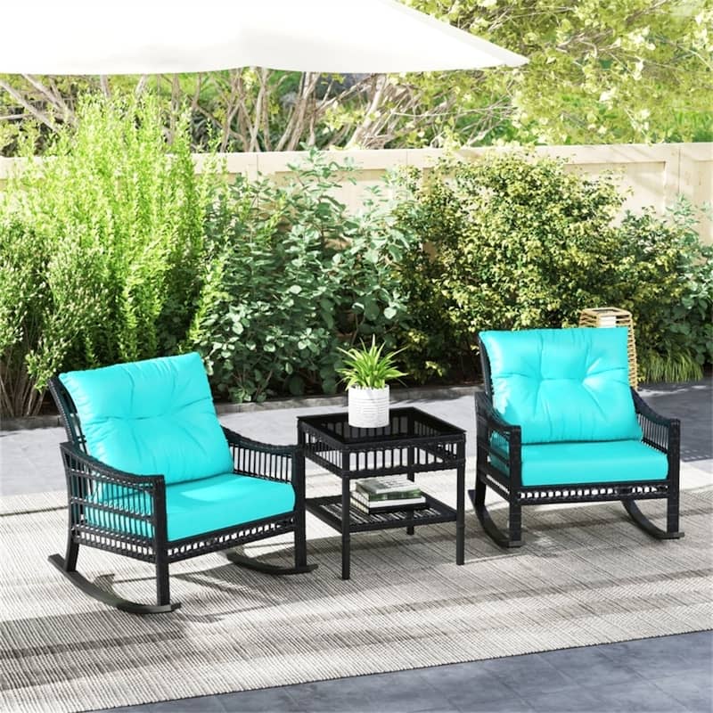 3 Piece PE Rattan Outdoor Patio Set with Rocker Chairs and Table