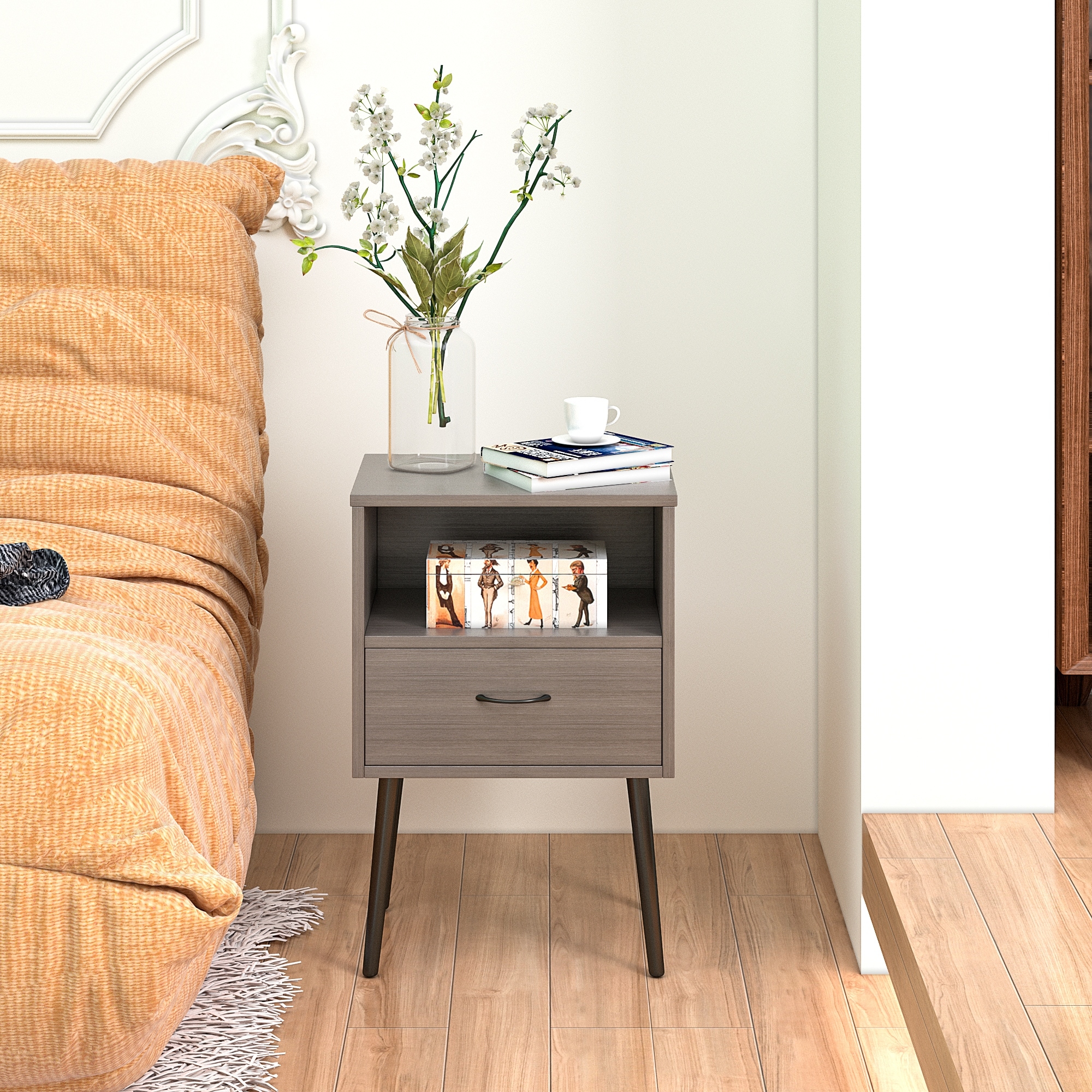 Set of 2 Nightstand Side Table Lamp Table with Drawer, File Cabinet Dressing Table Corner Table with Open Shelf