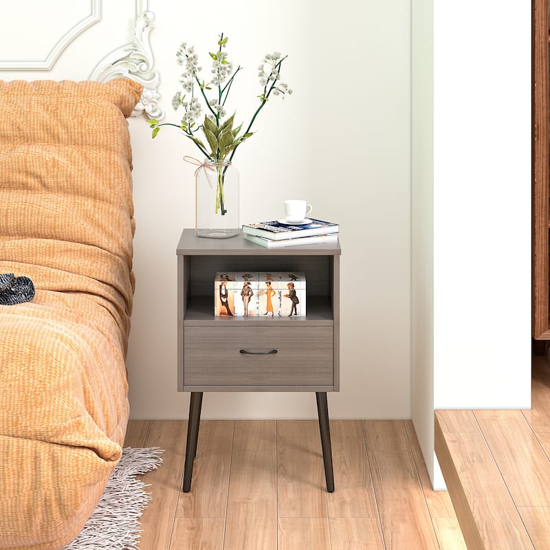 Set of 2 Nightstand Side Table Lamp Table with Drawer, File Cabinet Dressing Table Corner Table with Open Shelf - Grey