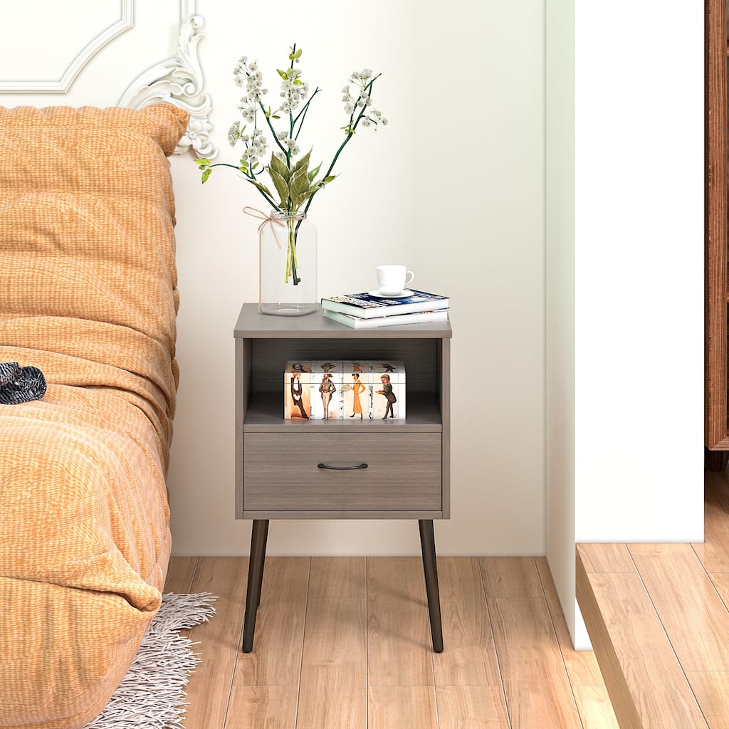 Set of 2 Nightstand Side Table Lamp Table with Drawer, File Cabinet Dressing Table Corner Table with Open Shelf